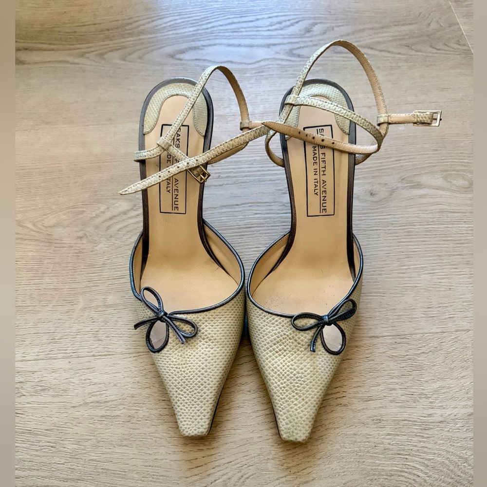 Saks Fifth Avenue Gold Textured Slingback Pumps with Black Trim